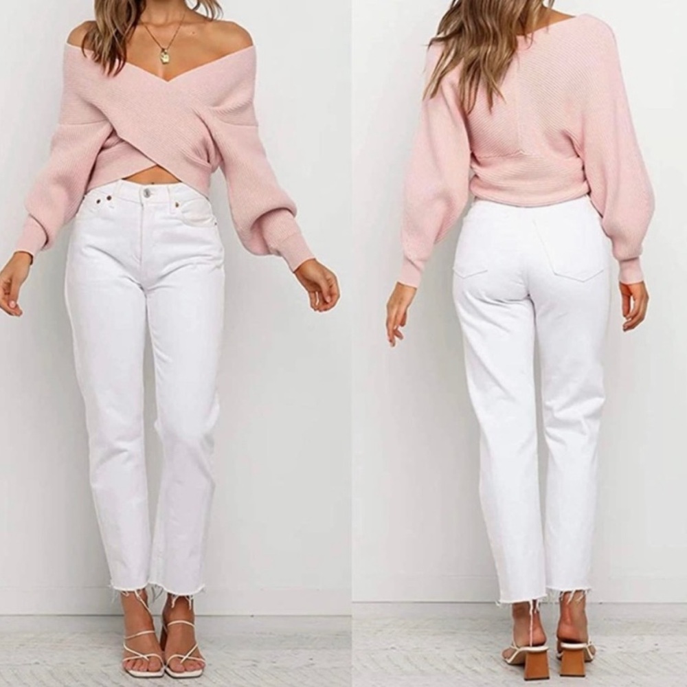 *BTFBM V Neck Long Sleeve Sweater Cross Wrap Off Shoulder Asymmetric Hem Pink L